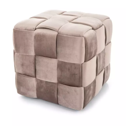 Pouf en velours beige au style tressé, forme carrée compacte ZENIA