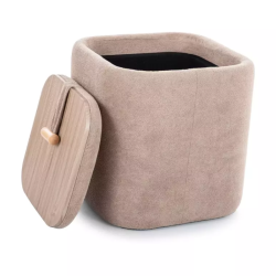 Pouf beige foncé avec rangement intégré et poignée bois NEBULAZ