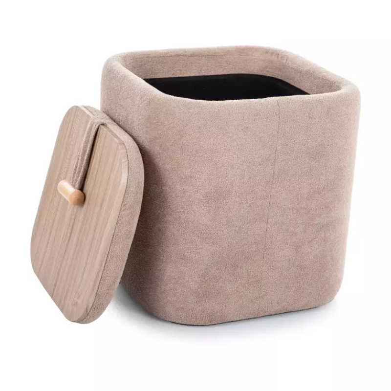 Pouf beige foncé avec rangement intégré et poignée bois NEBULAZ