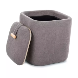 Pouf tissu gris avec rangement discret et poignée bois NEBULAZ