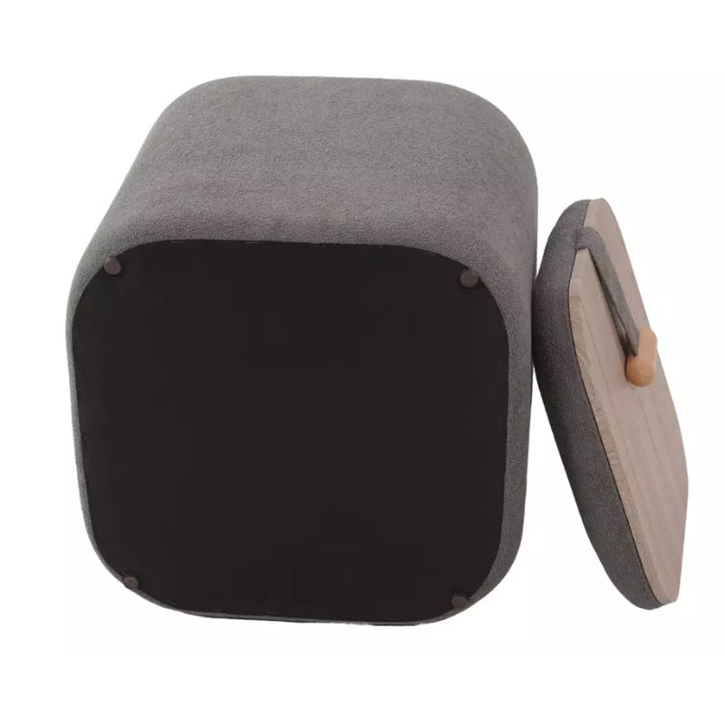 Pouf tissu gris avec rangement discret et poignée bois NEBULAZ