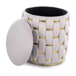 Pouf rond tressé beige clair avec rangement et détails dorés TANIAT