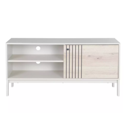 Découvrez le meuble TV FLY 120 cm blanc cassé et bois naturel clair