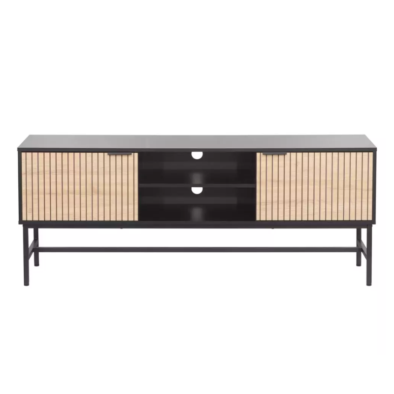 Meuble TV industriel noir mat et bois rainuré 150 cm – SALOUNE