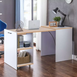 Bureau pliable blanc chêne avec rangements sur roulettes – MILIO