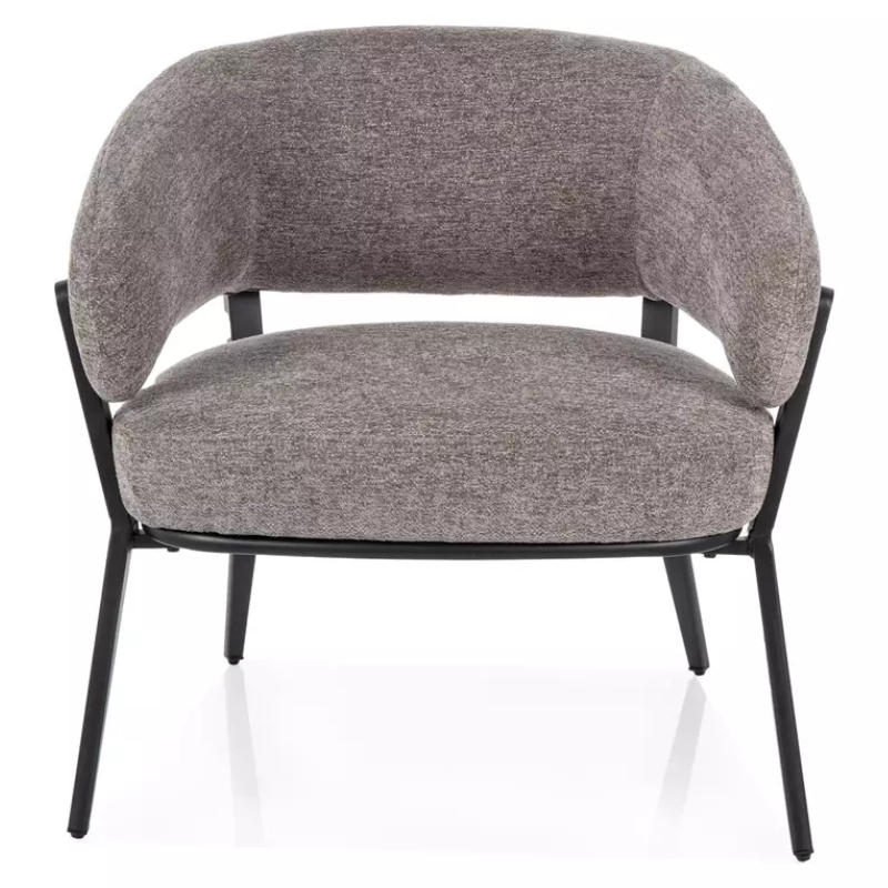 Fauteuil tissu gris pieds métal noir mat assise haute et dossier galbé MOZE