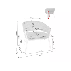 Fauteuil tissu gris pieds métal noir mat assise haute et dossier galbé MOZE