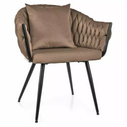 Chaise dossier matelassé velours beige avec coussin décoratif NANSY