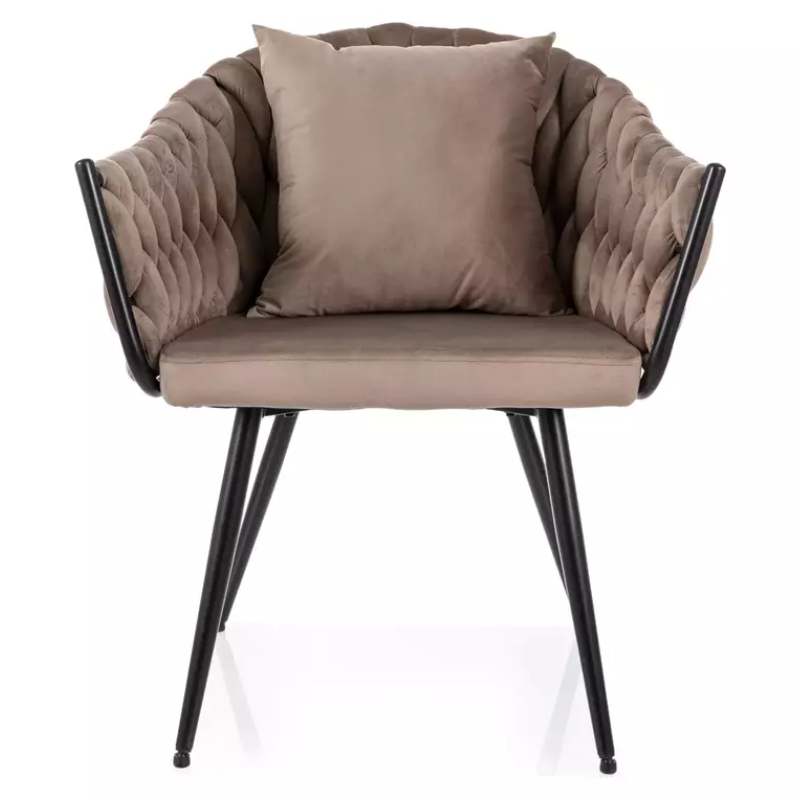 Chaise dossier matelassé velours beige avec coussin décoratif NANSY