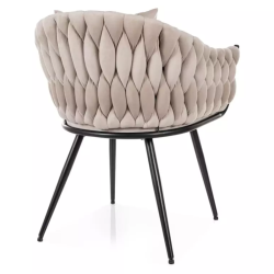 Chaise cocon velours beige dossier matelassé et coussin déco inclus NANSY