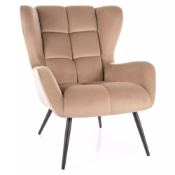 Fauteuil velours beige ailé rembourré chic piétement métal noir SALISE