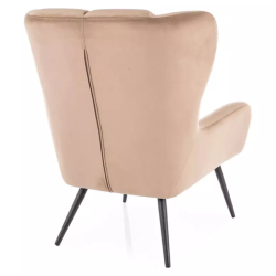Fauteuil velours beige ailé rembourré pied métal noir élégant SALISE