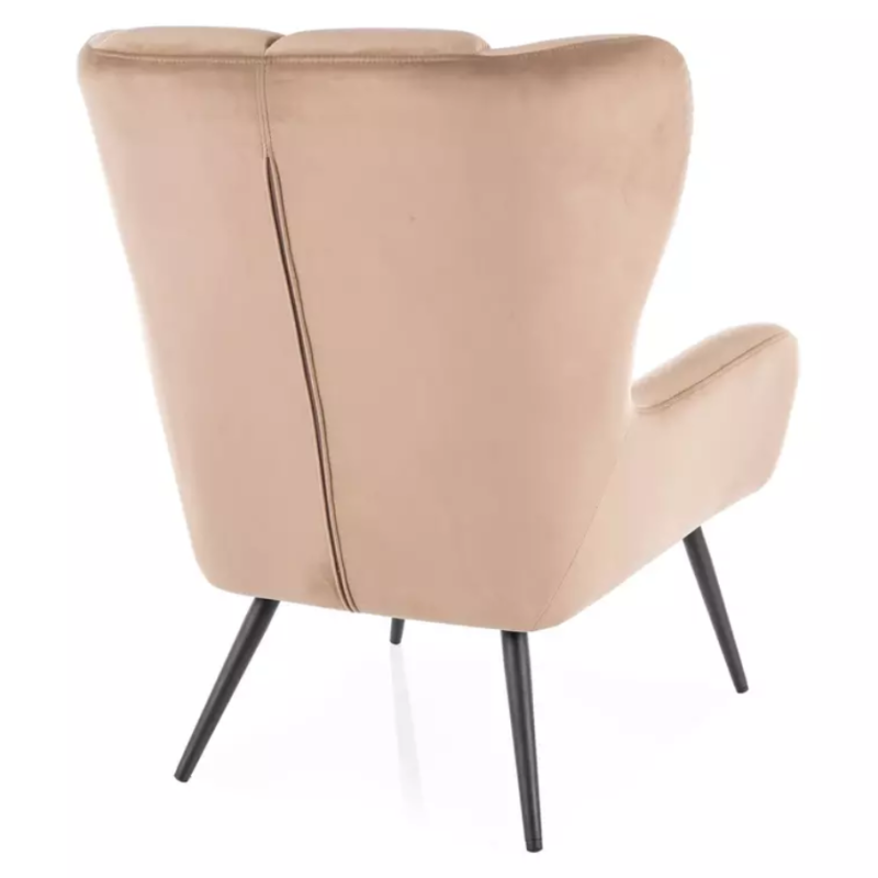Fauteuil velours beige ailé rembourré pied métal noir élégant SALISE