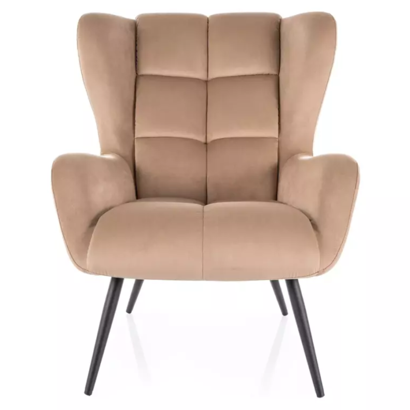 Fauteuil velours beige ailé rembourré pied métal noir élégant SALISE