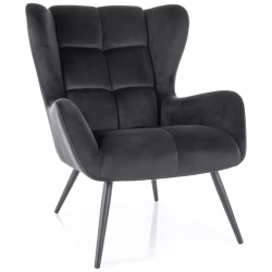 Fauteuil en velours noir accoudoirs hauts matelassés, pieds en métal noir SALISE