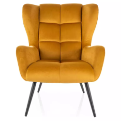 Fauteuil en velours curry matelassé vintage pied métal noir SALISE