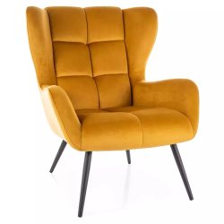 Fauteuil velours curry dossier matelassé vintage pieds métal noir SALISE