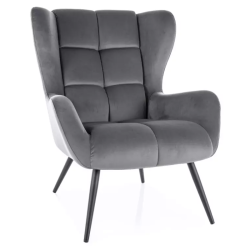 Fauteuil velours gris dossier matelassé pieds métal noir SALISE