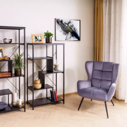 Fauteuil en velours gris matelassé et pied métal noir SALISE