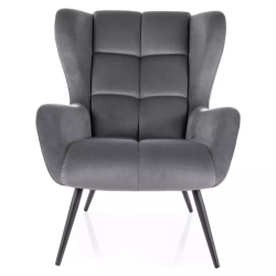 Fauteuil en velours gris matelassé et pied métal noir SALISE