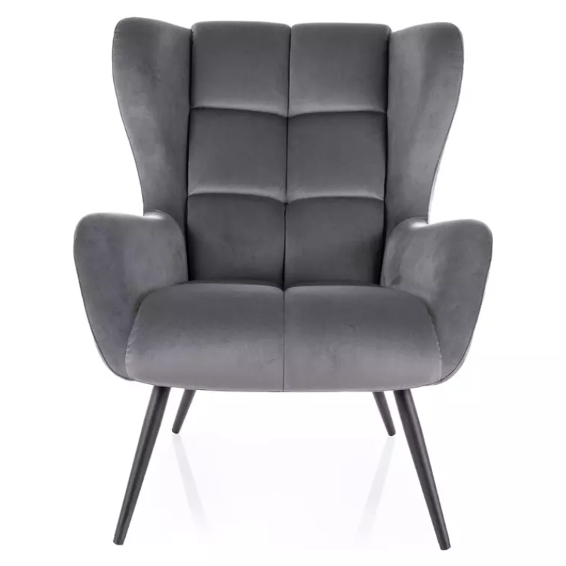 Fauteuil en velours gris matelassé et pied métal noir SALISE