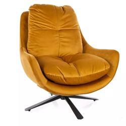 Fauteuil velours curry rotatif 360°, cocon galbé, coussin épais, piètement noir SALAN