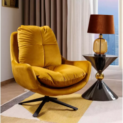 Fauteuil velours curry pivot 360° coussin épais base métal noire SALAN