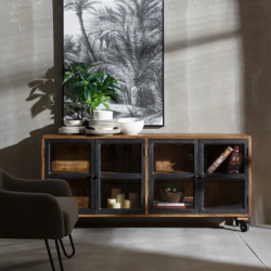 Bahut noir naturel en bois de manguier avec roulettes métal AMBIANCE