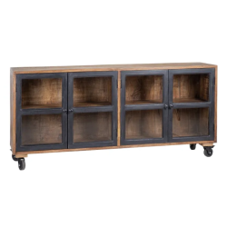Buffet 160 cm noir naturel en bois de manguier avec portes vitrées sur roulettes AMBIANCE