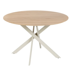 Table ronde 120 cm design bois clair et métal crèm, parfaite pour repas à 4 pers. CAMELIA