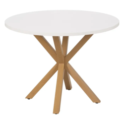 Table ronde blanche et piétement bois naturel croisé pour un petit coin repas lumineux DUNE