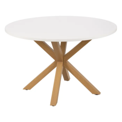 Table à manger ronde blanche 120 cm au style doux et géométrique avec piéds en bois DUNE