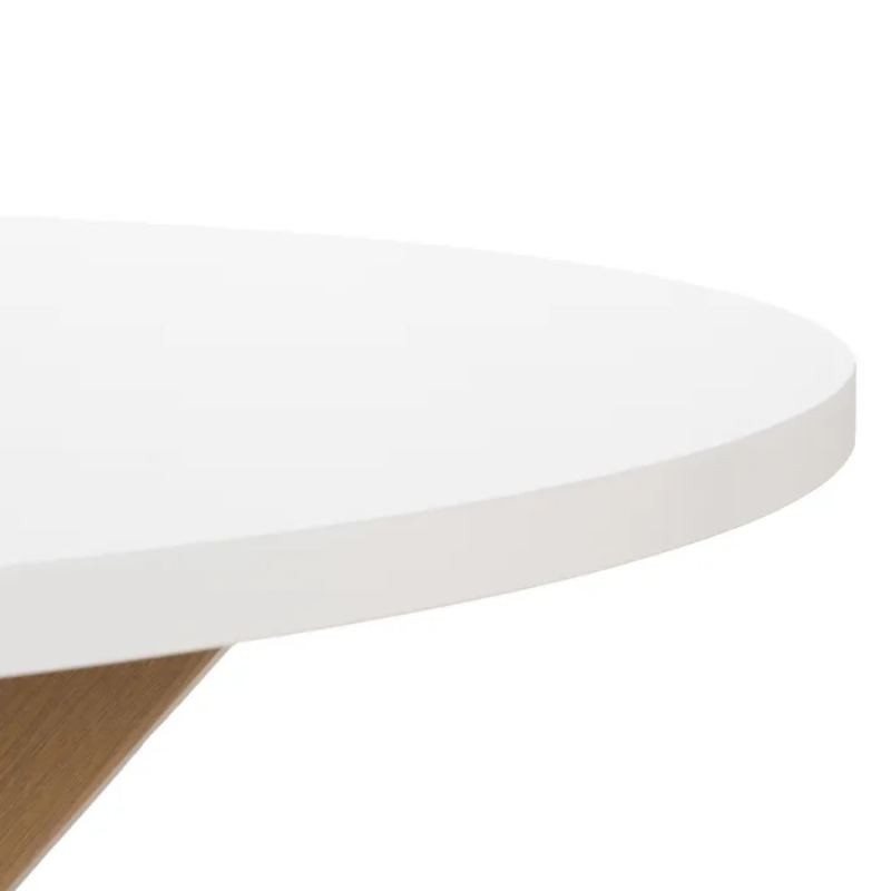 Table à manger ronde blanche, pied bois croisé 120 cm conviviale DUNE