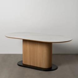 Table salle à manger ovale blanche en marbre et bois 180 cm – INDIG