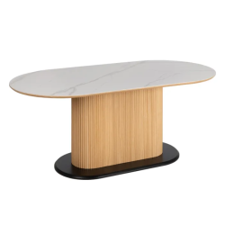 Table à manger ovale blanche 180 cm, pied rainuré central et base noire chic – INDIG