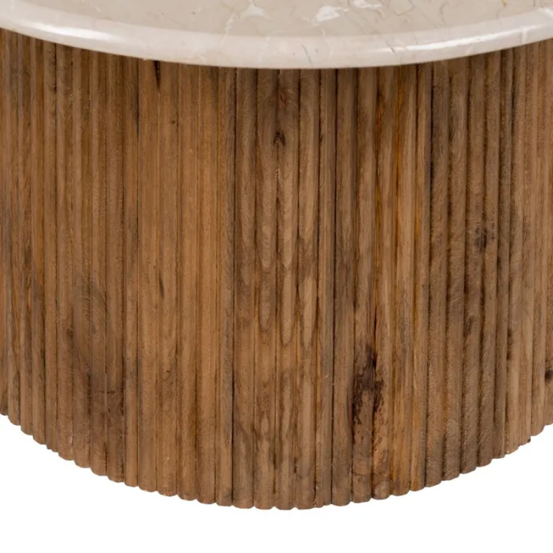 Table basse 76 cm marbre crème et bois strié manguier naturel AURA