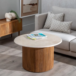 Table basse 76 cm marbre crème et bois strié manguier naturel AURA