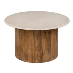 Table basse ronde 76 cm crème et bois strié, plateau marbre naturel veiné à l’aspect unique AURA
