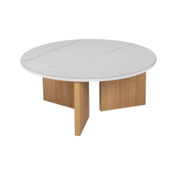 Table basse design ronde blanc naturel en céramique effet marbre et piétement bois HAVANE