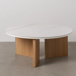 Table basse ronde blanche marbre et pieds bois clair naturel HAVANE