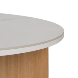 Table basse ronde blanche marbre et pieds bois clair naturel HAVANE