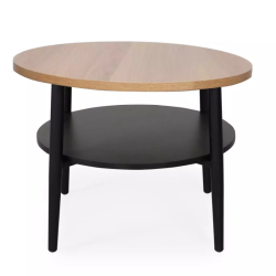 Petite table basse ronde chêne clair et noire avec structure fine et étagère NELON