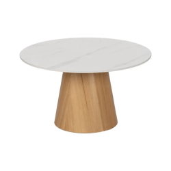Table basse marbre céramique blanc socle bois naturel totem ARLION