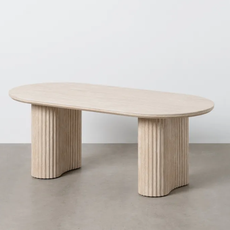 Table basse ovale pierre beige double pied cannelé allure THYMORIA