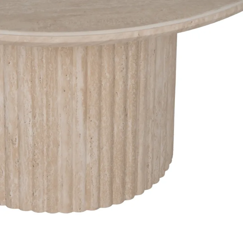 Table basse ronde pierre beige pied cannelé esprit colonne THYMORIA