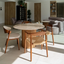 Table ronde 120 cm marbre naturel pied bois nervuré brut CORTINA
