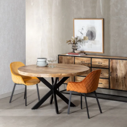 Table ronde de 140 cm bois naturel artisanal métal noir brut SÉLÉNIA