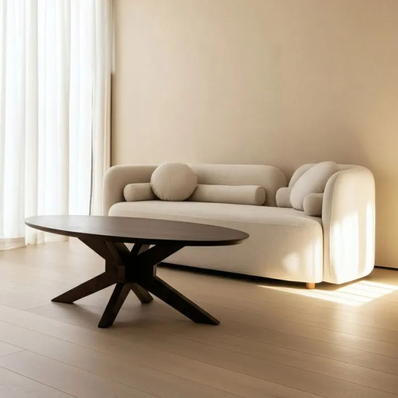 Canapé galbé PERIALIS couleur beige 2 places avec coussins arrondis