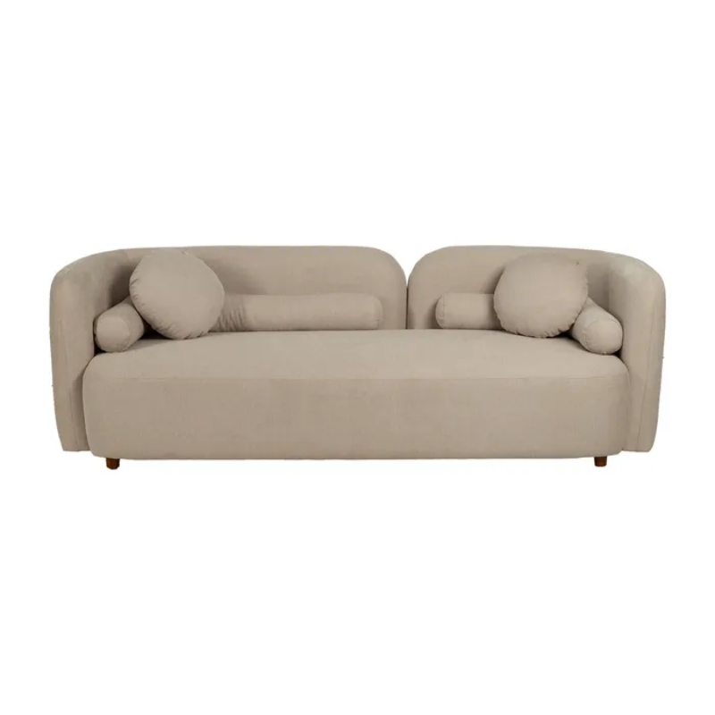 Canapé MORESIA de 3 places en tissu beige galbé avec coussins déco
