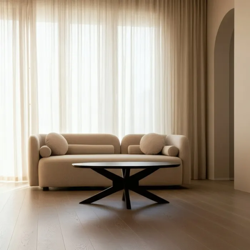 Canapé MORESIA de 3 places en tissu beige galbé avec coussins déco